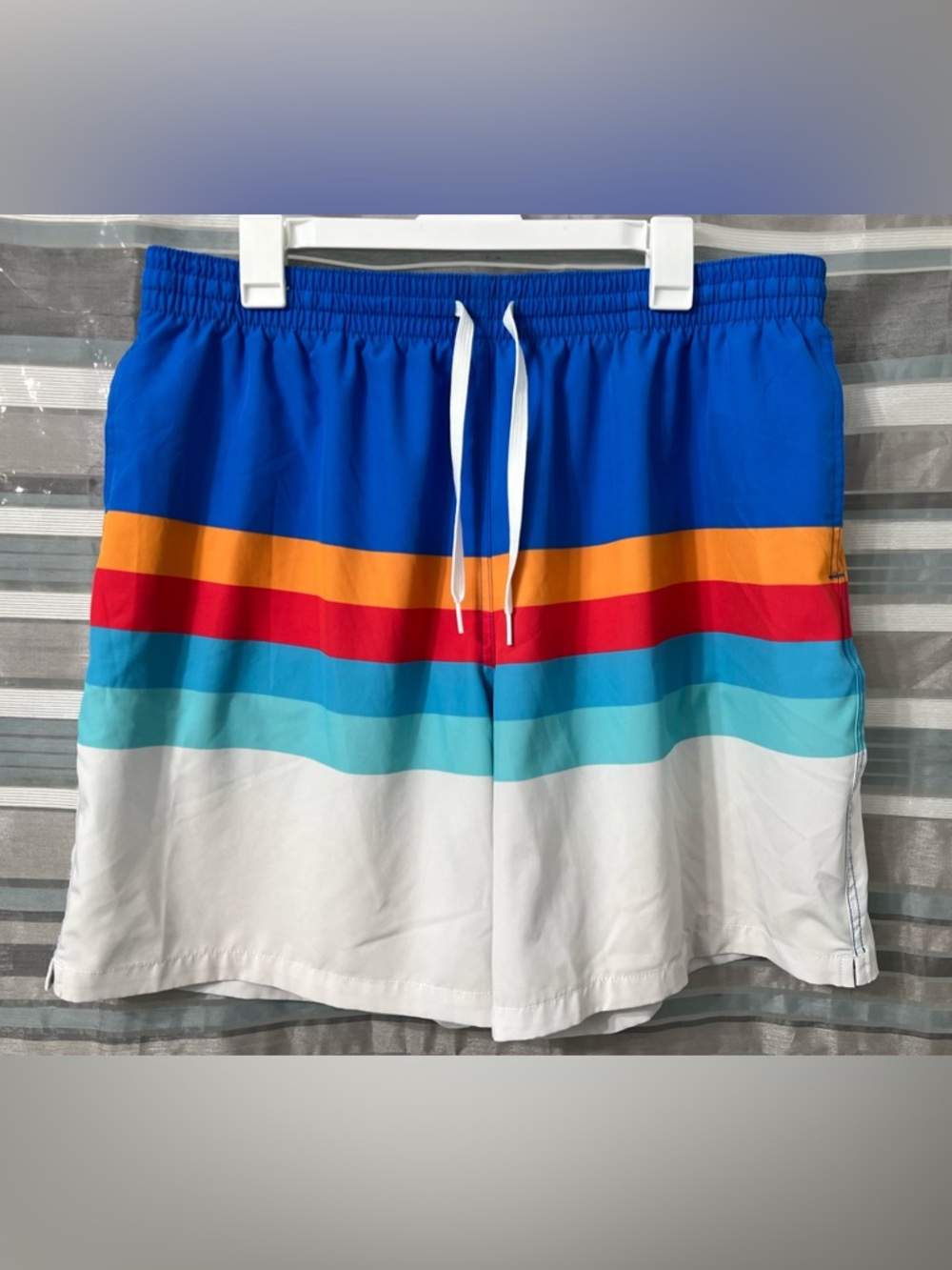 chubbies Blue Multi-Stripe Swim Trunks with White Drawstring